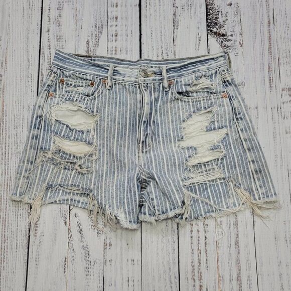 American Eagle Outfitters Pants - American Eagle Women's Blue 4 Striped Destroyed Ripped High Waist Jean Shorts